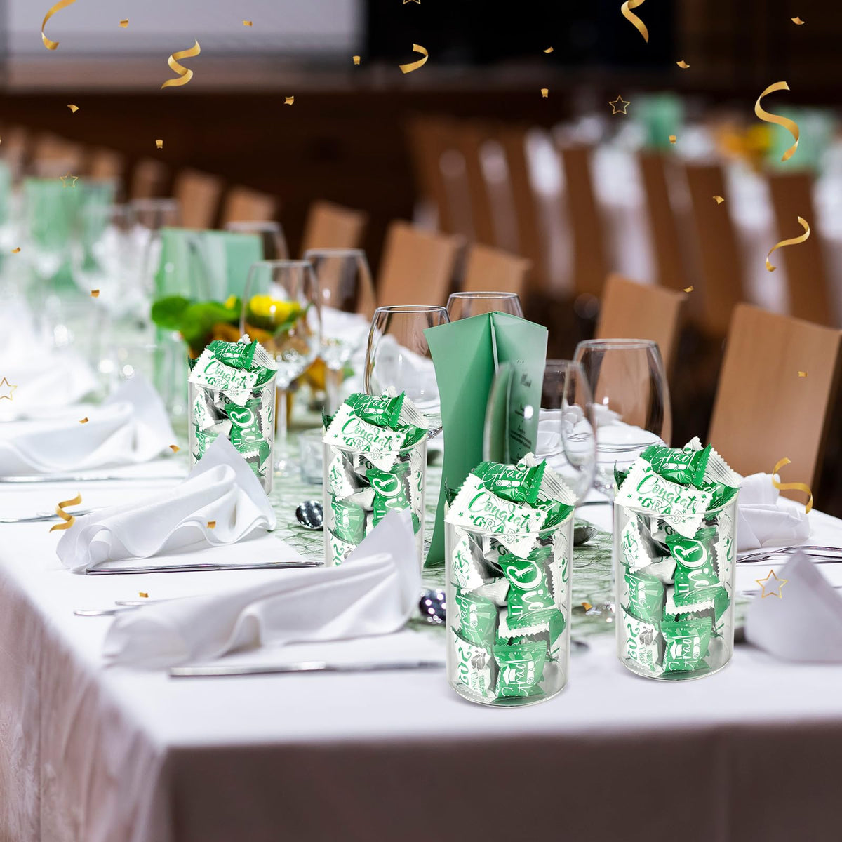 Photo-ready candy table display with mint treats for guests.
