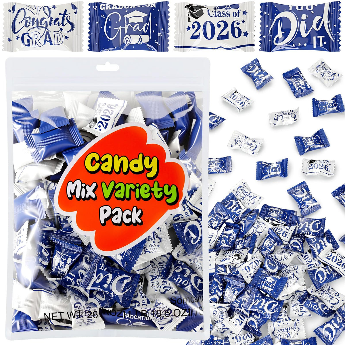 Naucoos Congrats Graduation Mints pack in blue and white wrappers ideal for party favors.