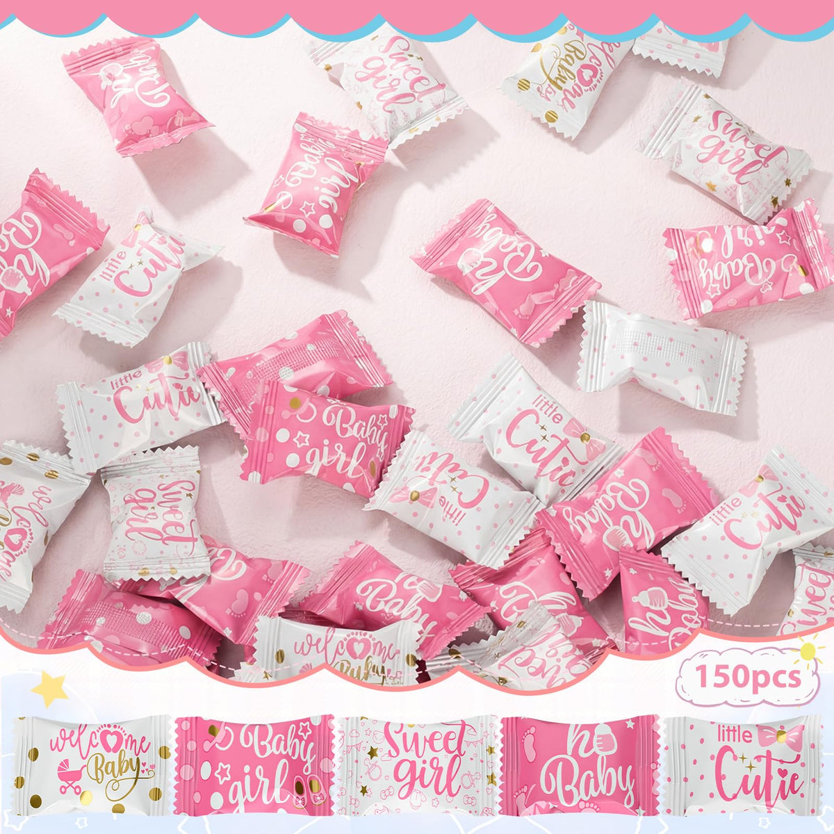 Naucoos pink-white mints for baby showers add a delicate sweet touch.