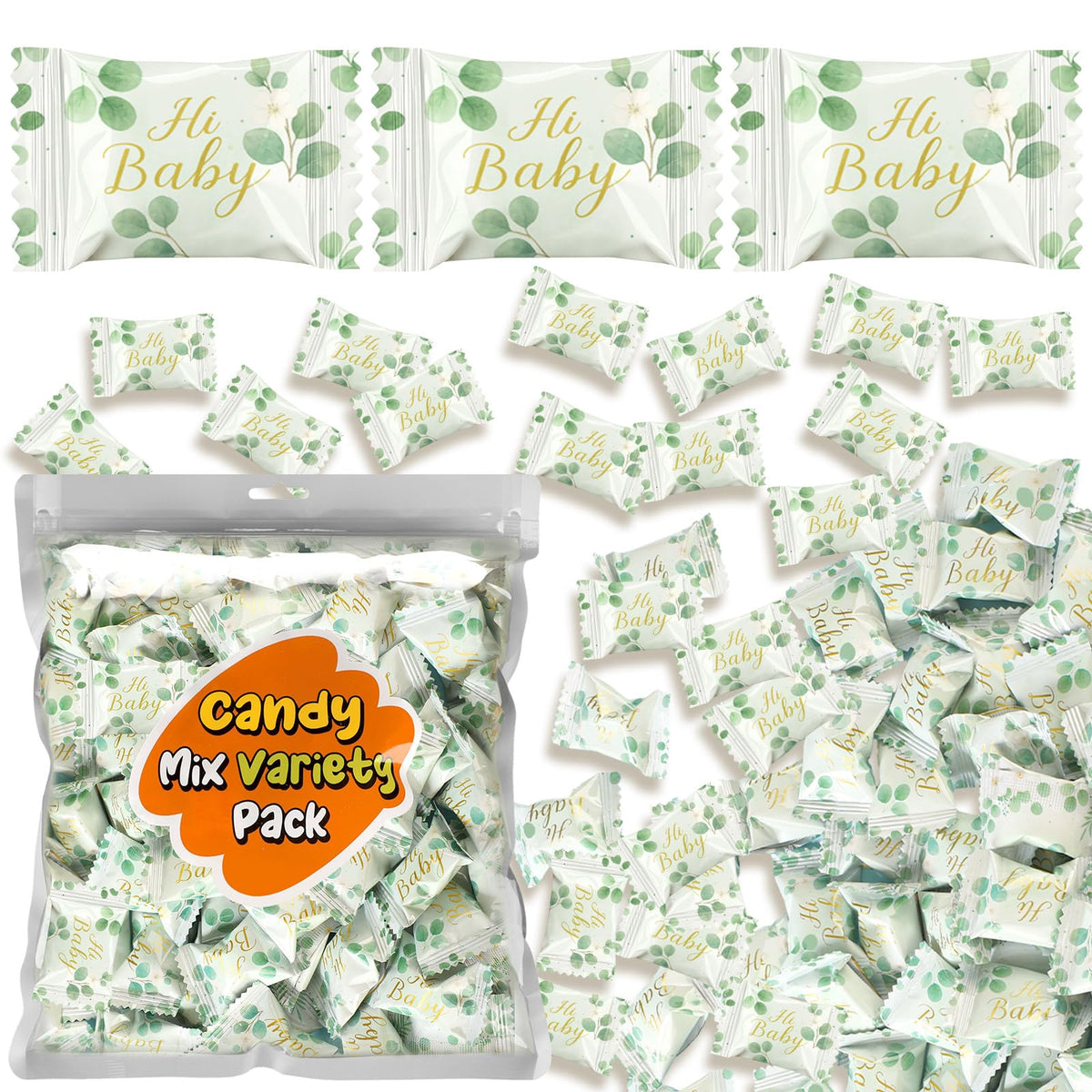 Naucoos Sage Green Baby Shower Candy bag with Hi Baby design, ideal for party favors.