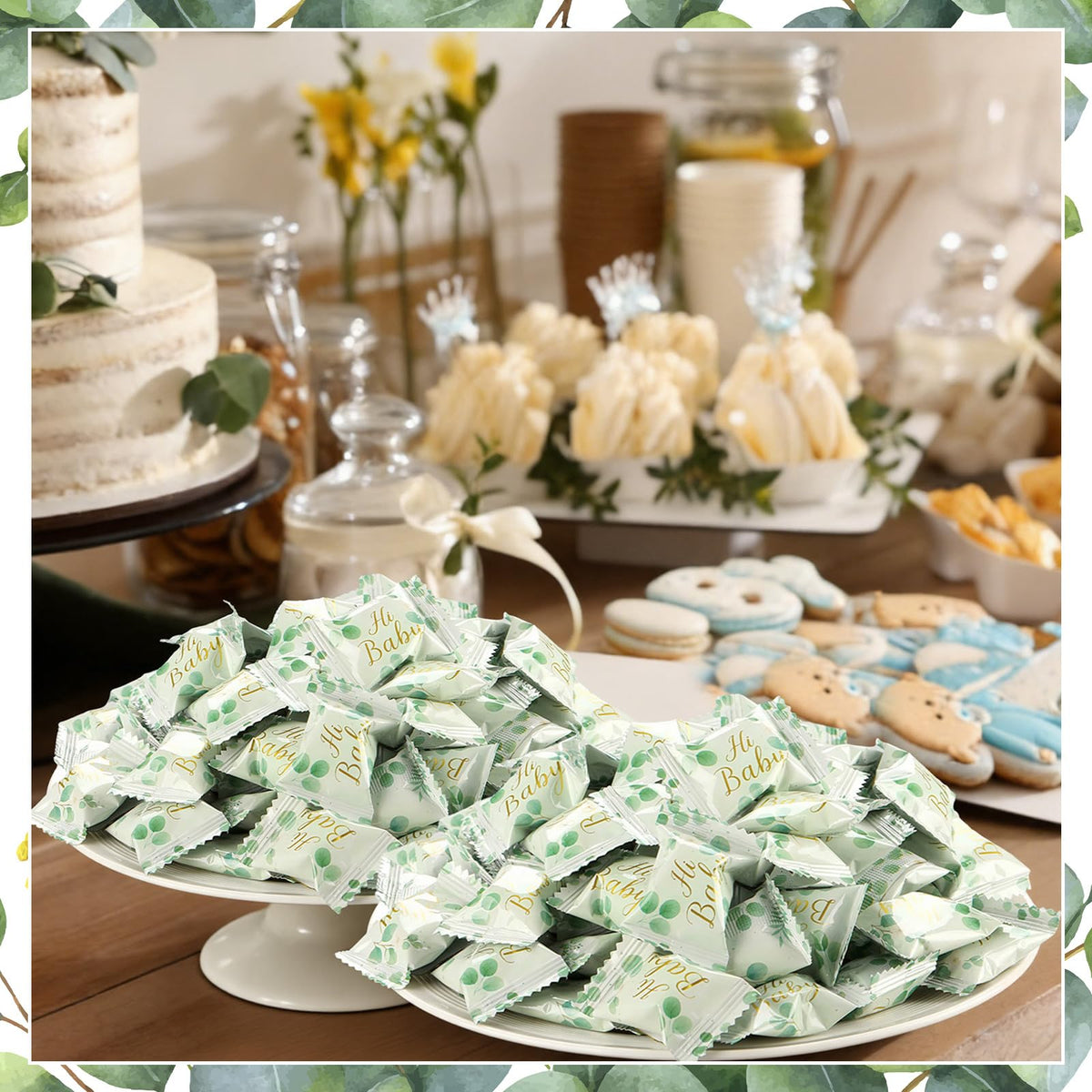 Naucoos Sage Green candy used as baby shower favors and gifts.