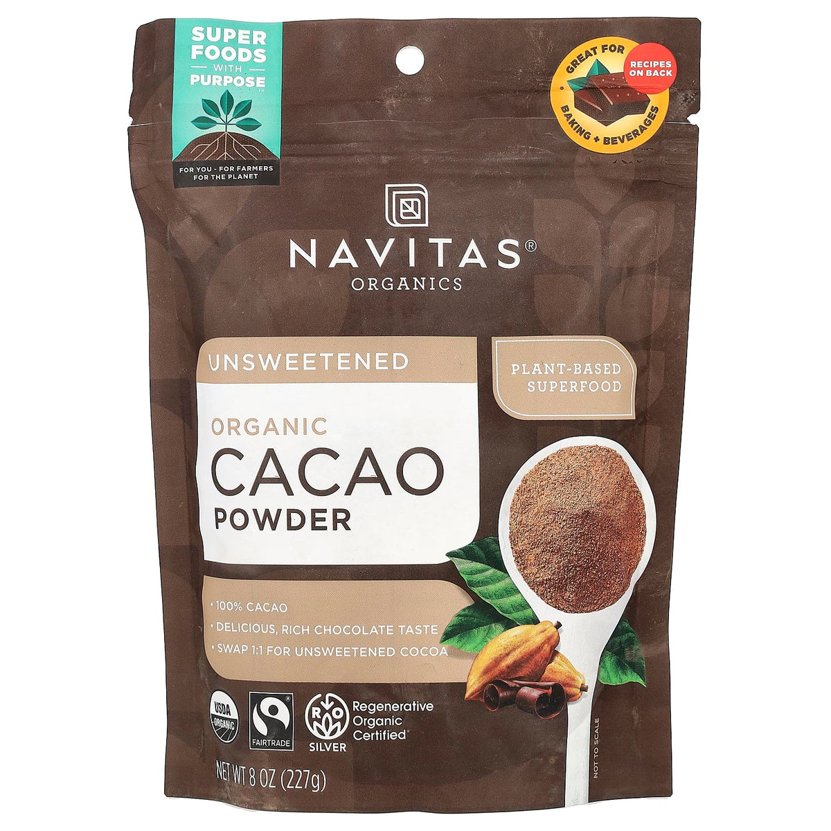 Navitas Cacao Powder Org pack shown for easy baking and smoothie preparation.