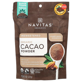 Navitas Cacao Powder Org pack shown for easy baking and smoothie preparation.