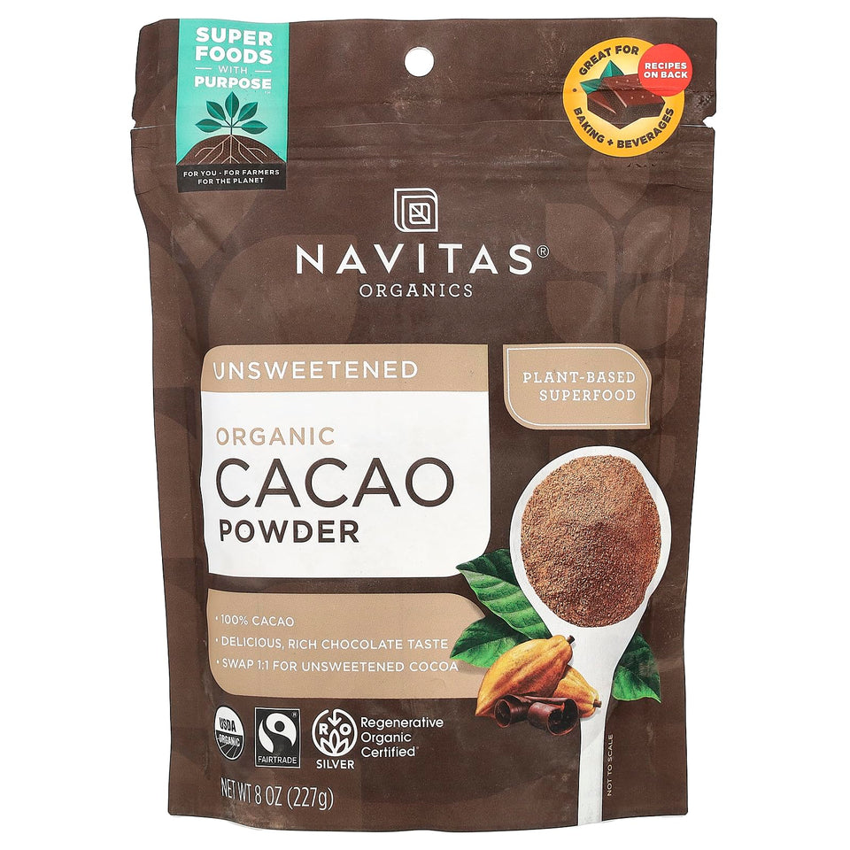 Navitas Cacao Powder Org pack shown for easy baking and smoothie preparation.