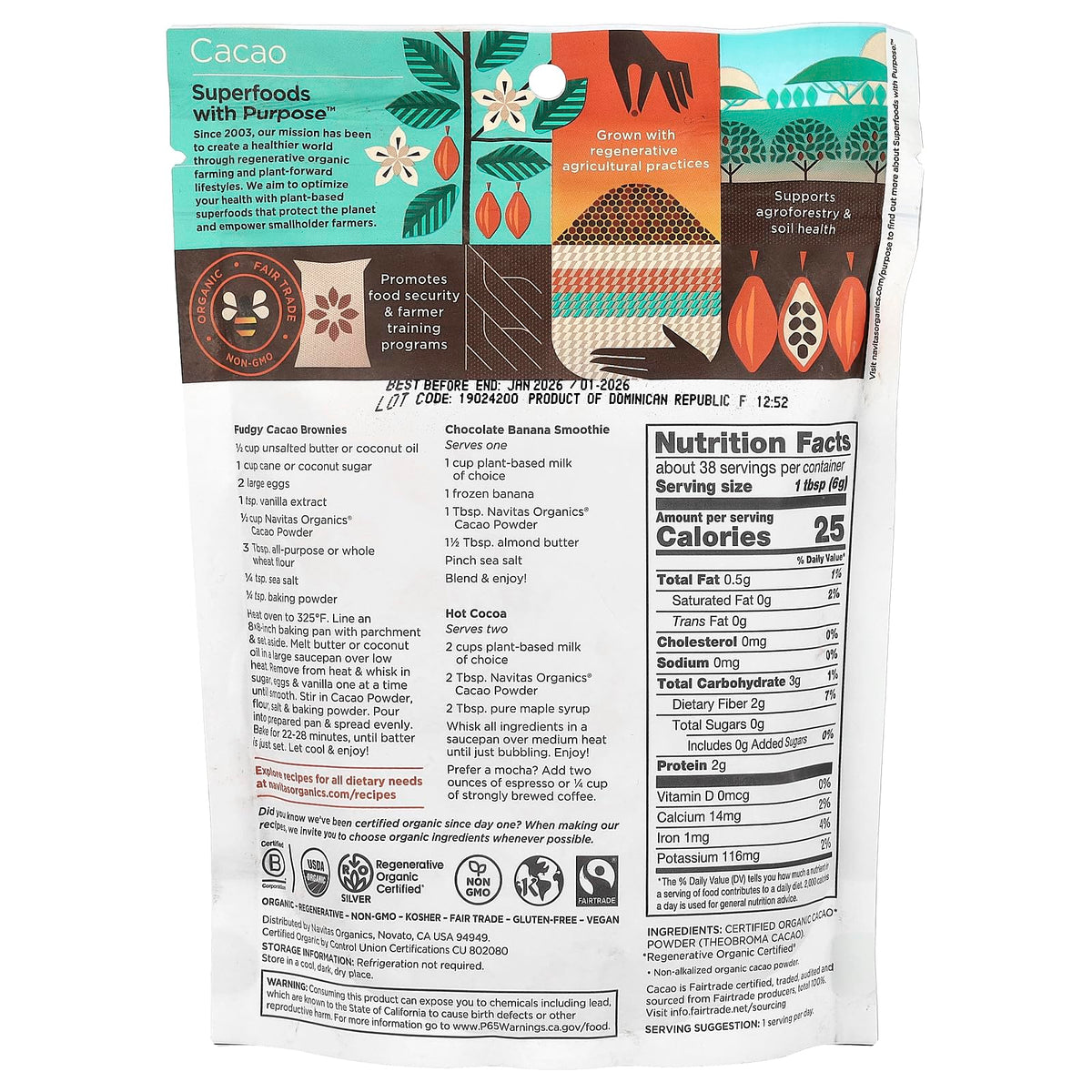 Navitas Cacao Powder Org scoop beside jar for precise measuring in recipes.