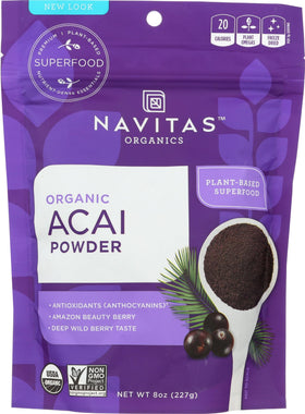 Navitas Organics Acai Powder bottle close-up for premium smoothies and bowls.