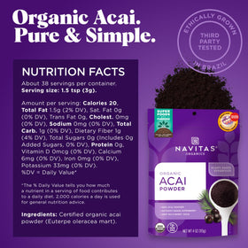 Navitas Organics Acai Powder bowl for smoothie bowls and yogurt.
