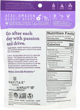 Navitas Organics Acai Powder scoop over smoothie bowl for antioxidant-rich boost.