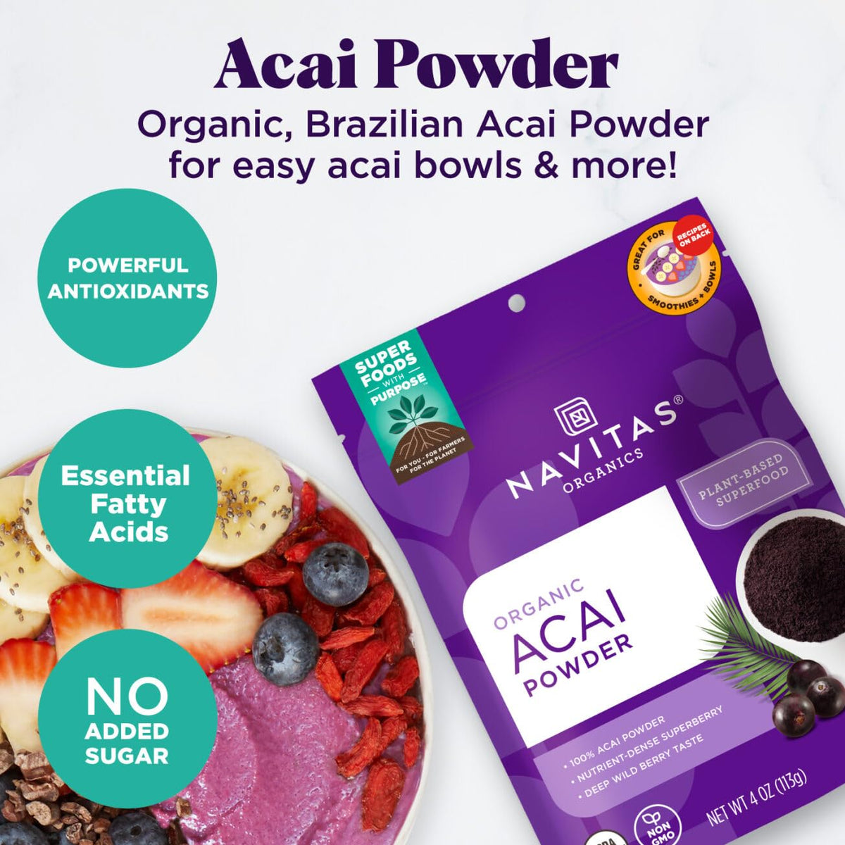 Navitas Organics Acai Powder smoothie shot showcasing berry flavor.
