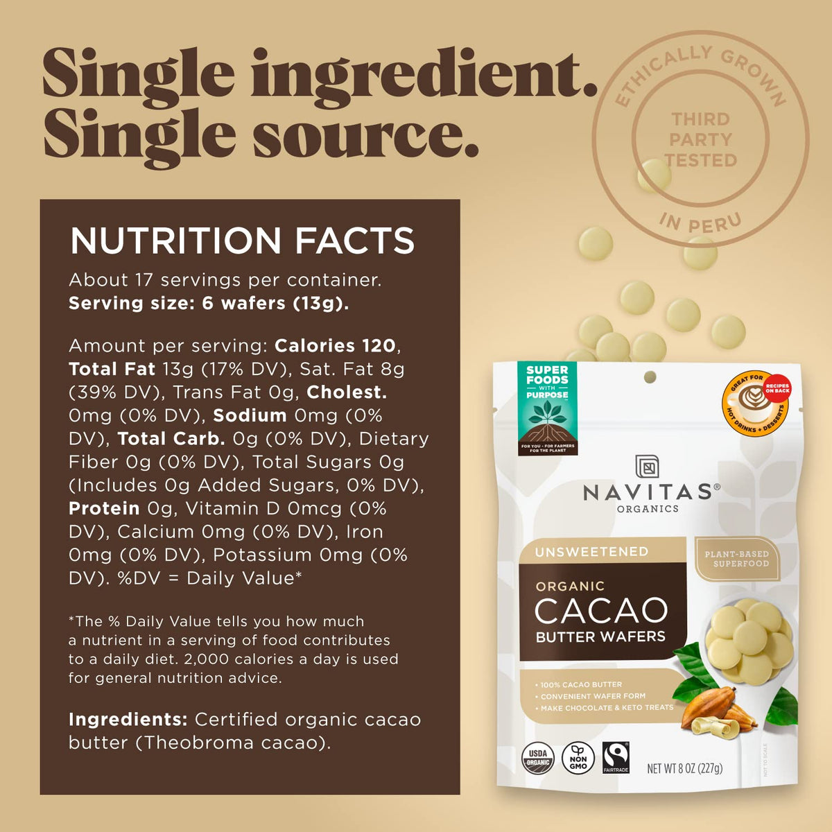 Navitas Organics cacao butter wafers enhance baking and desserts with creaminess.