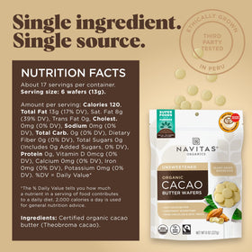 Navitas Organics cacao butter wafers enhance baking and desserts with creaminess.