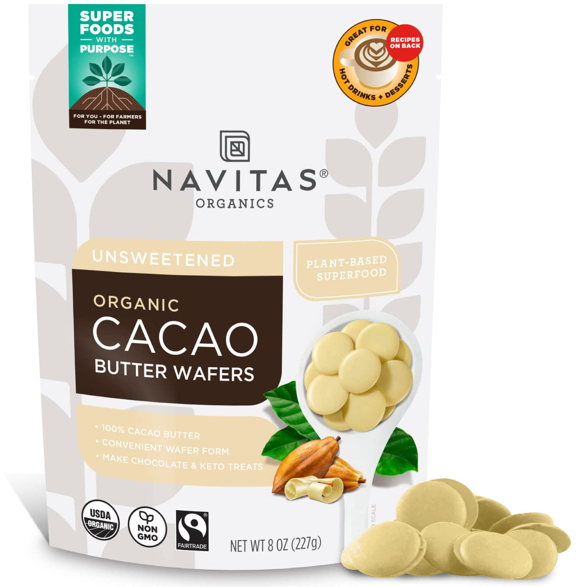 Navitas Organics cacao butter wafers 8oz pack for versatile dessert bases.