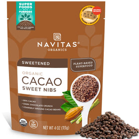 Navitas Organics Cacao Nibs dark chocolate chips for snacking with a crunch.