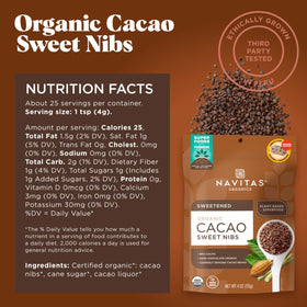 Navitas Organics cacao nibs with light sugar dusting for subtle sweetness.