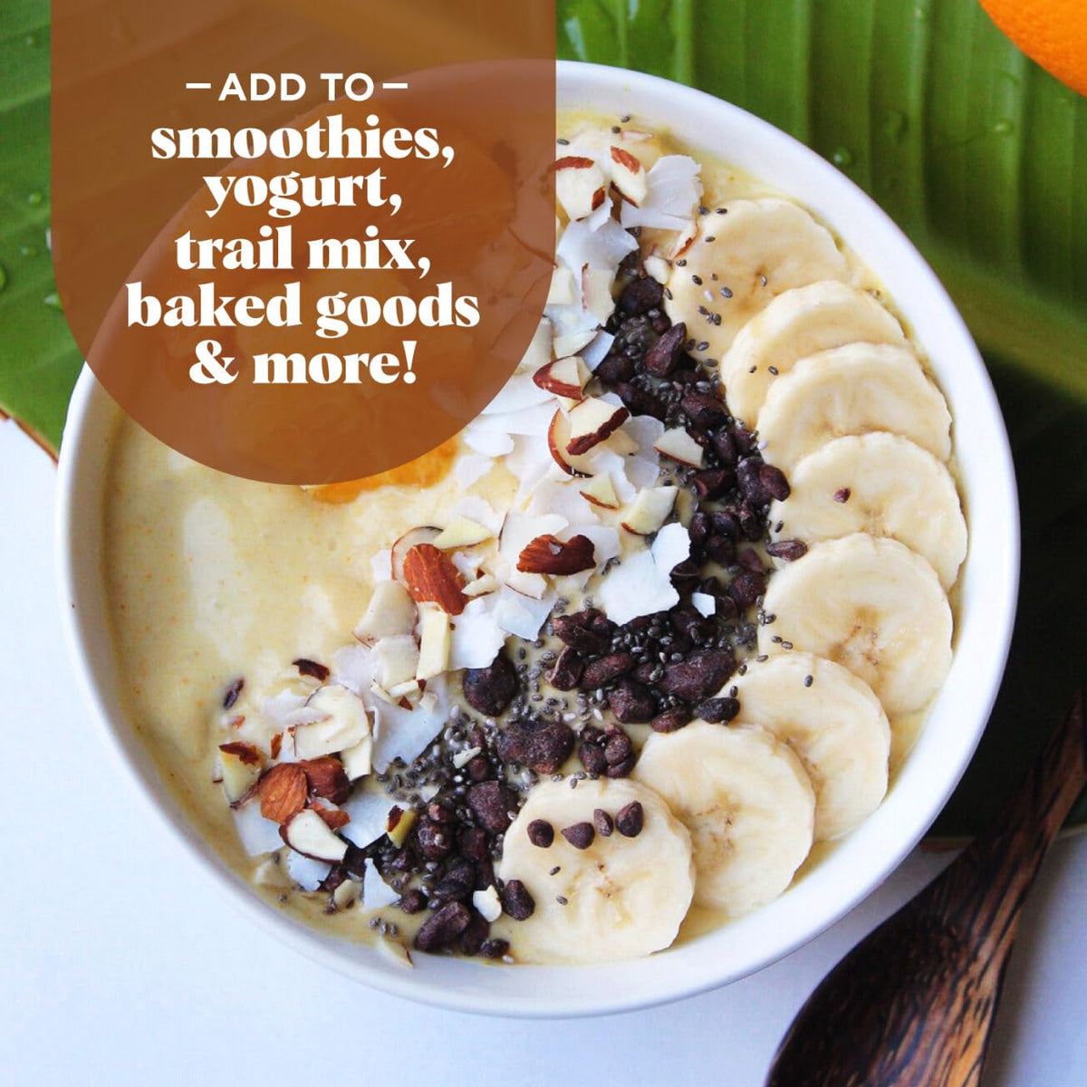 Navitas Organics cacao nibs as a topping for smoothies and yogurt.