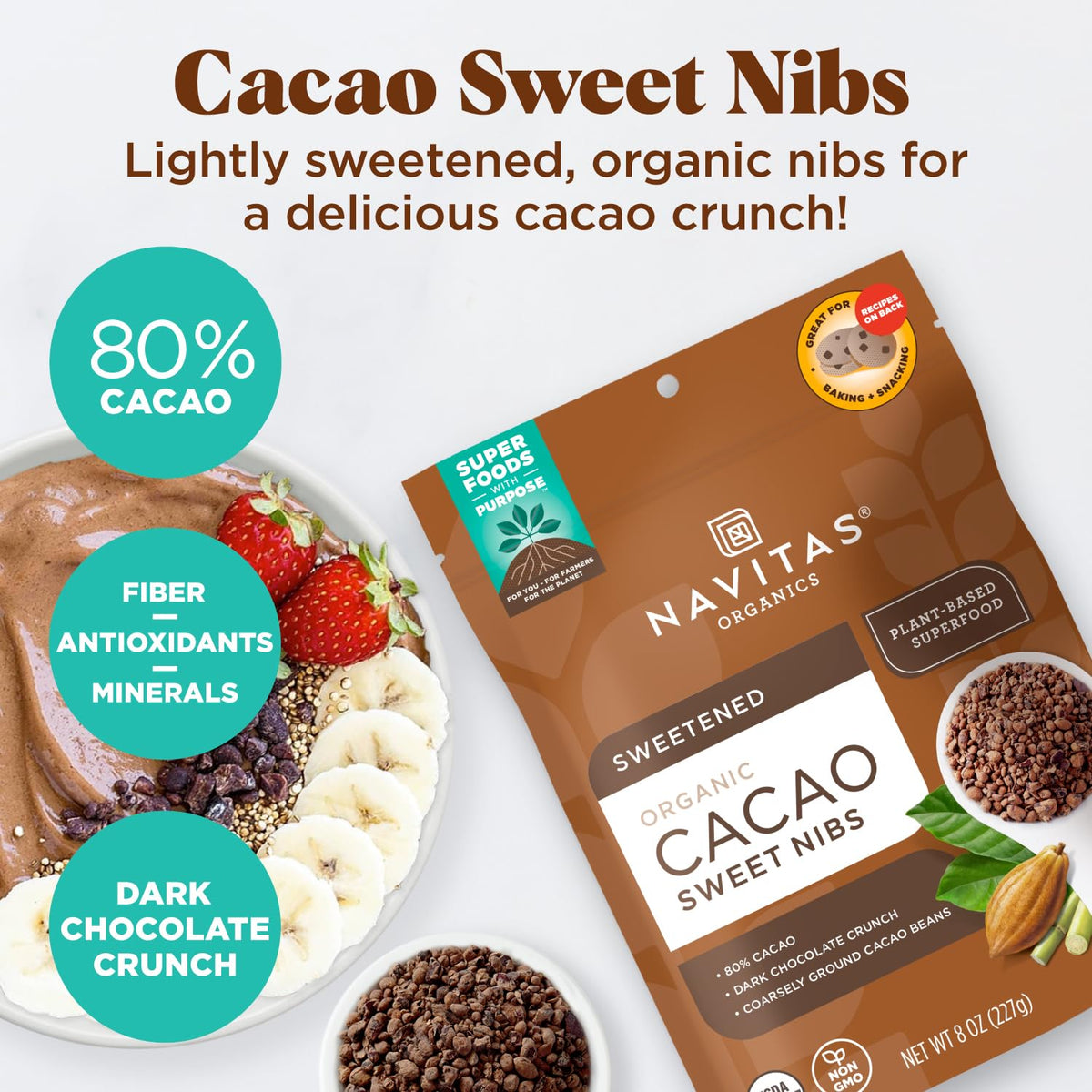Navitas Organics Cacao Nibs trail-mix ready for energy on the go.