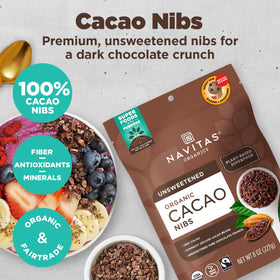 Navitas Organics cacao nibs yogurt bowl: boosts texture and flavor with fiber.
