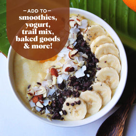 Navitas Organics Cacao Nibs yogurt topping adds crunch and flavor.