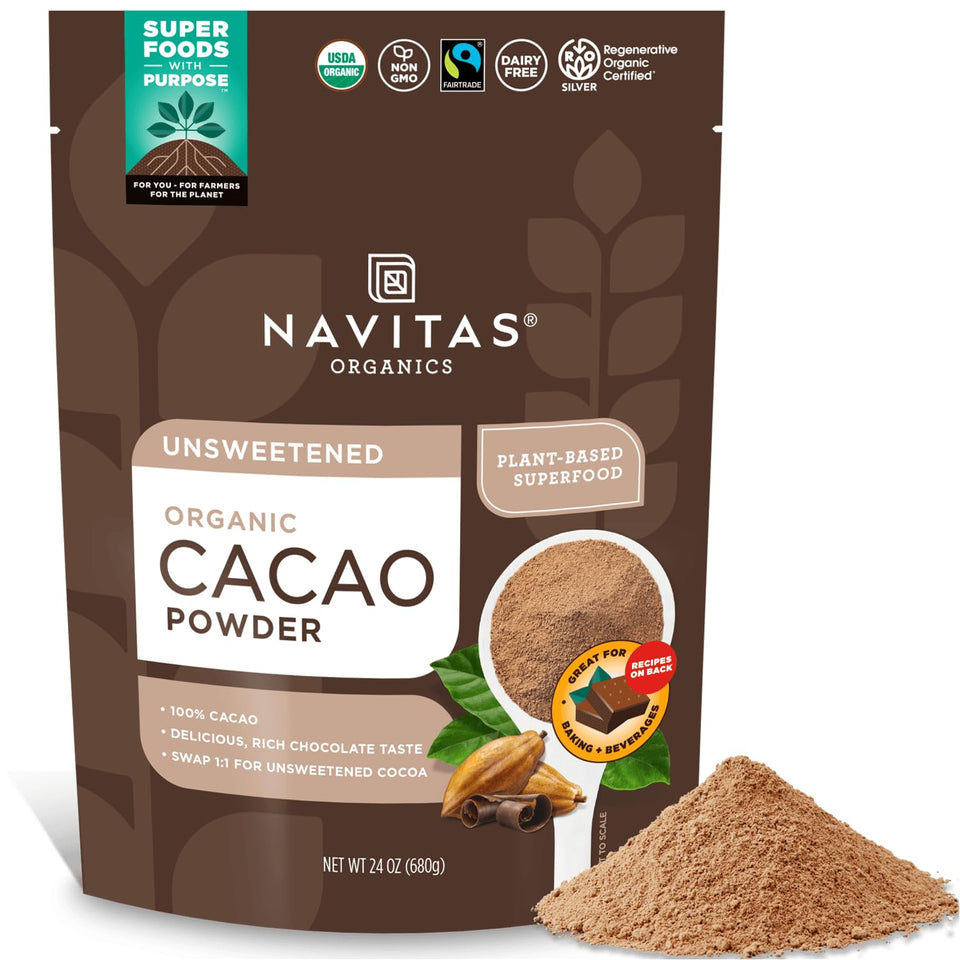 Navitas Organics cacao powder bag 24oz, ready for daily baking and beverages
