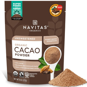 Navitas Organics cacao powder bag front, ideal for hot chocolate and baking.
