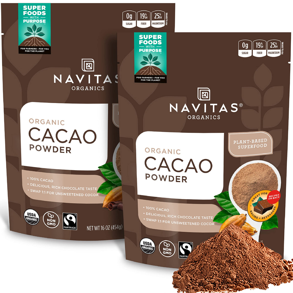 Navitas Organics cacao powder bag front ready for baking and smoothies.