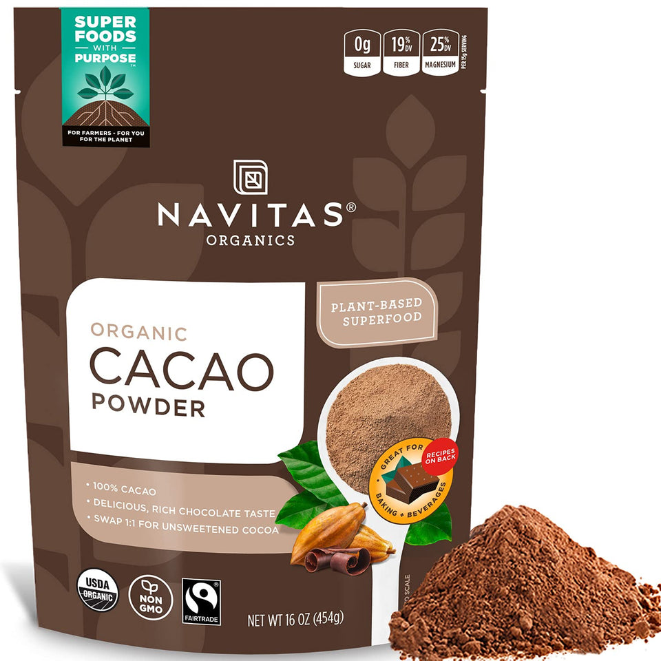 Navitas Organics cacao powder bag front, ideal for smoothies and baking.