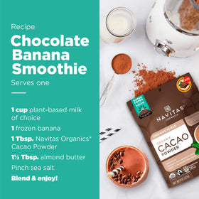 Navitas Organics cacao powder in baking setup for desserts and smoothies.