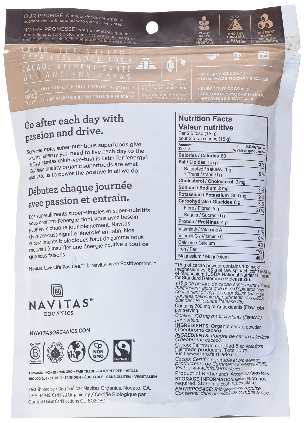 Navitas Organics cacao powder fair trade label highlighting organic processing and nutrients.