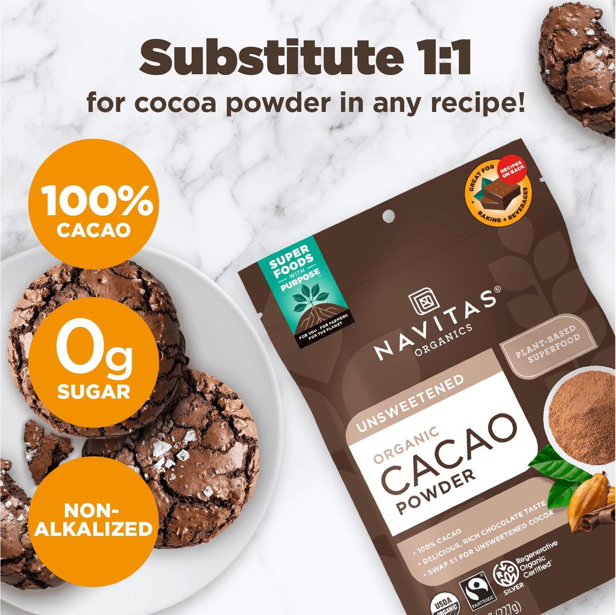 Navitas Organics cacao powder for hot chocolate, delivering a deep, velvety cocoa base.