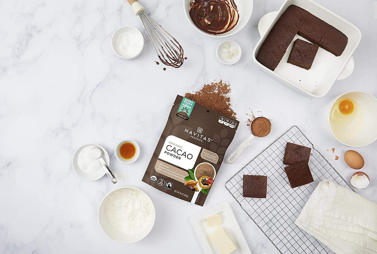 Navitas Organics cacao powder in a smoothie for a bold chocolate boost.