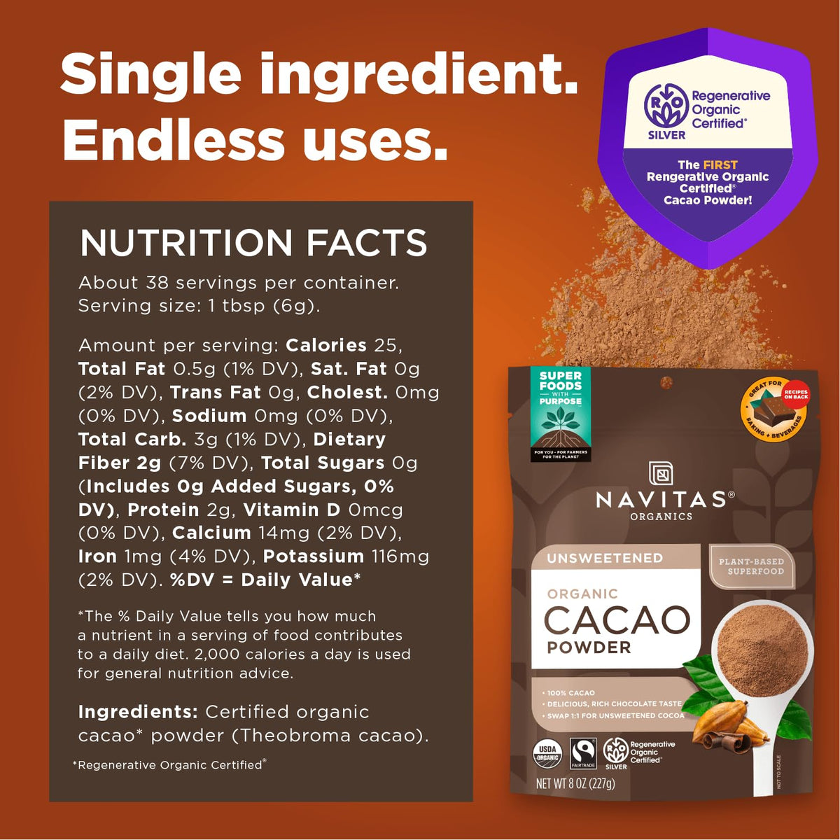 Navitas Organics cacao powder measuring cup scene for precise recipe use.