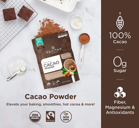Navitas Organics cacao powder measuring scoop ready for adding rich chocolate flavor.