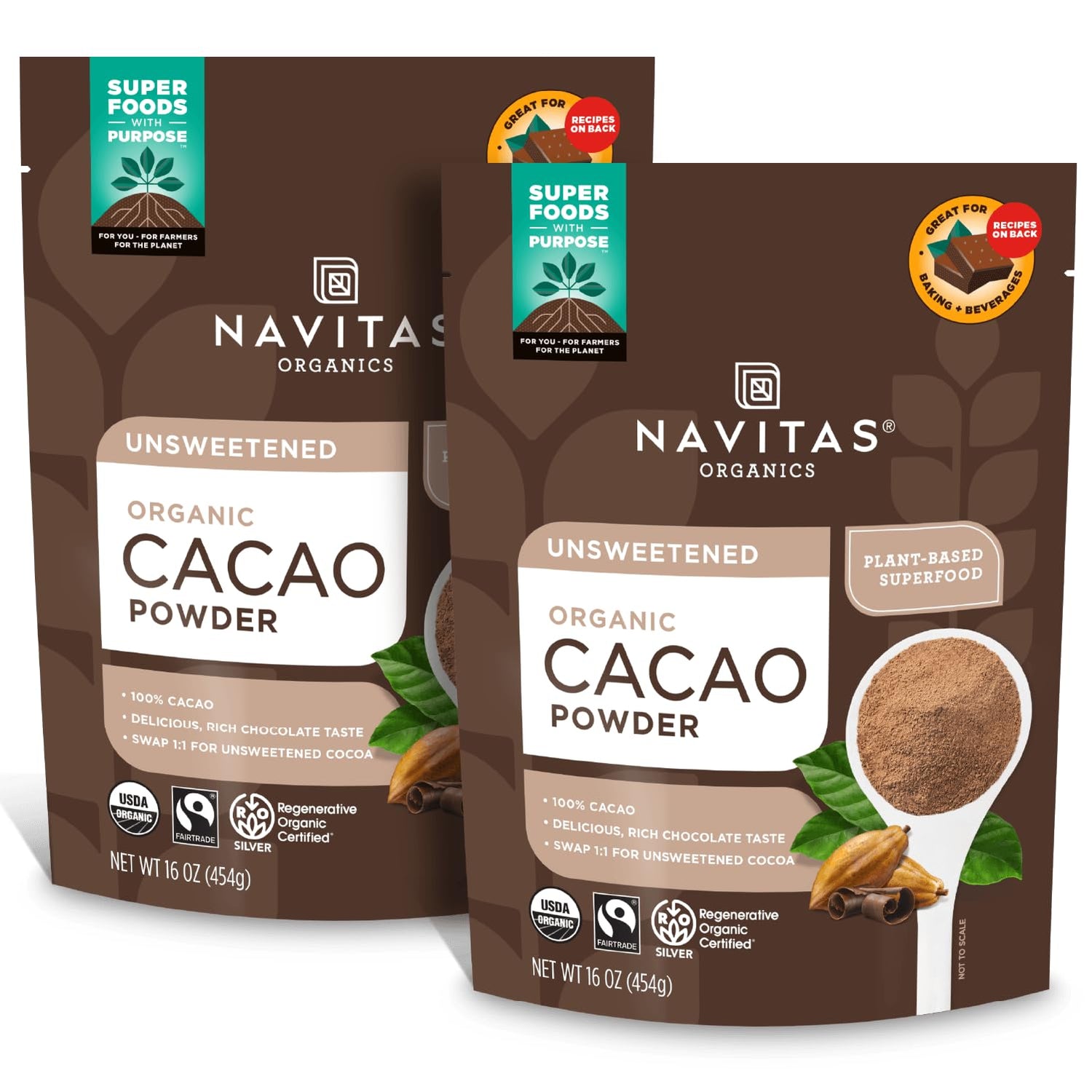 Navitas Organics cacao powder for one-to-one substitution, enhancing recipes with rich, natural chocolate flavor.