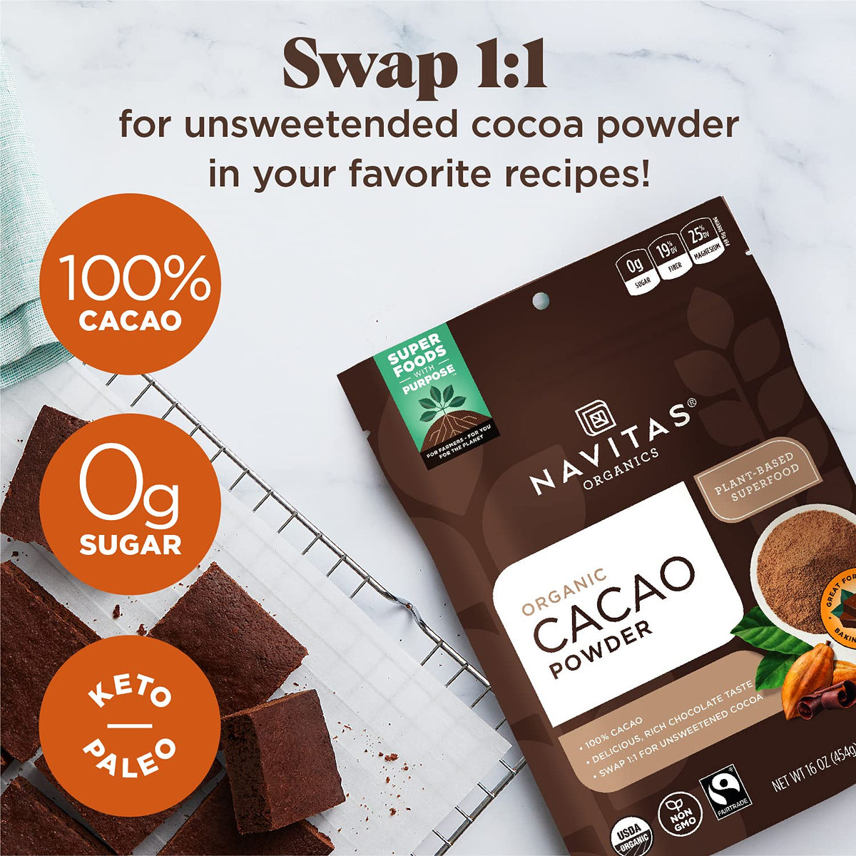 Pouring Navitas Organics cacao powder into a bowl for recipes.