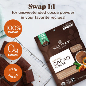 Pouring Navitas Organics cacao powder into a bowl for recipes.