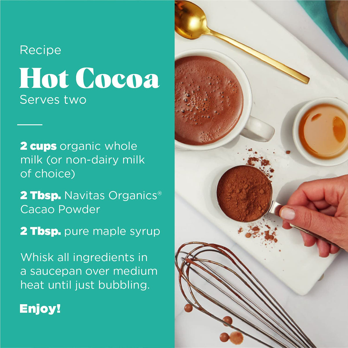 Navitas Organics cacao powder added to a smoothie for rich flavor.