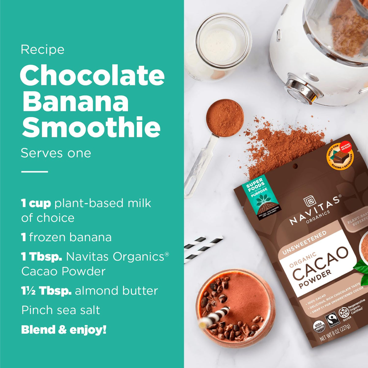Navitas Organics cacao powder in smoothies adds flavor and plant-based minerals.