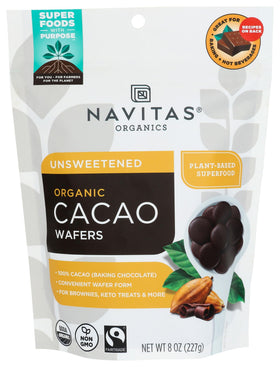 Navitas Organics cacao wafers bag front for baking with 100% cocoa.