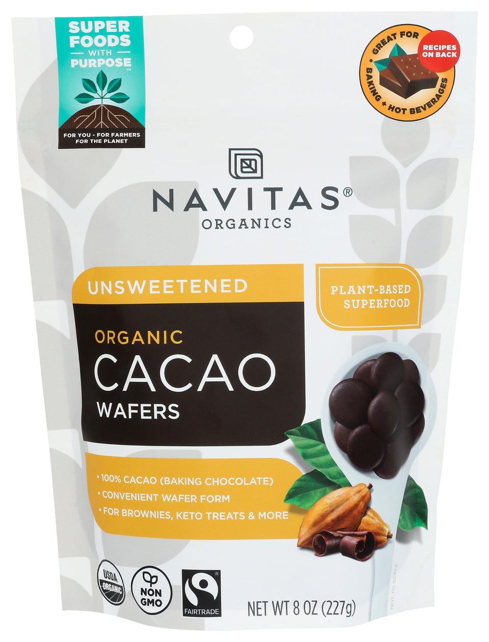 Navitas Organics cacao wafers bag front for baking with 100% cocoa.