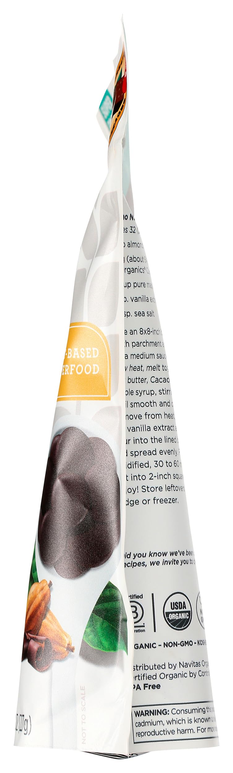 Peru origin and Fairtrade label on Navitas cacao wafers packaging.