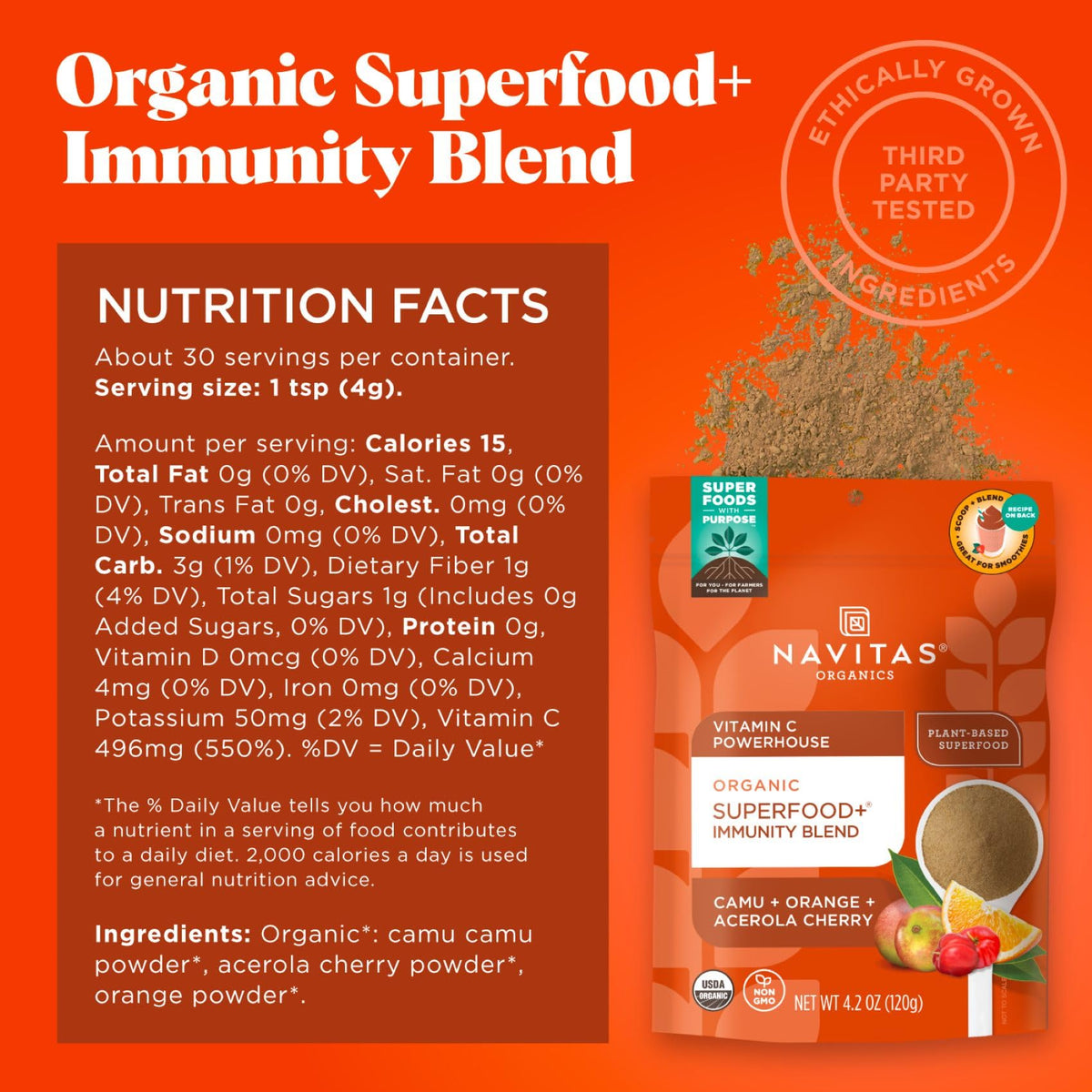Camu-orange-acerola powder close-up showing vibrant citrus sources for daily vitamin C.