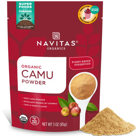 Navitas Camu Powder bottle with scoop, ideal for vitamin C boosts in smoothies.