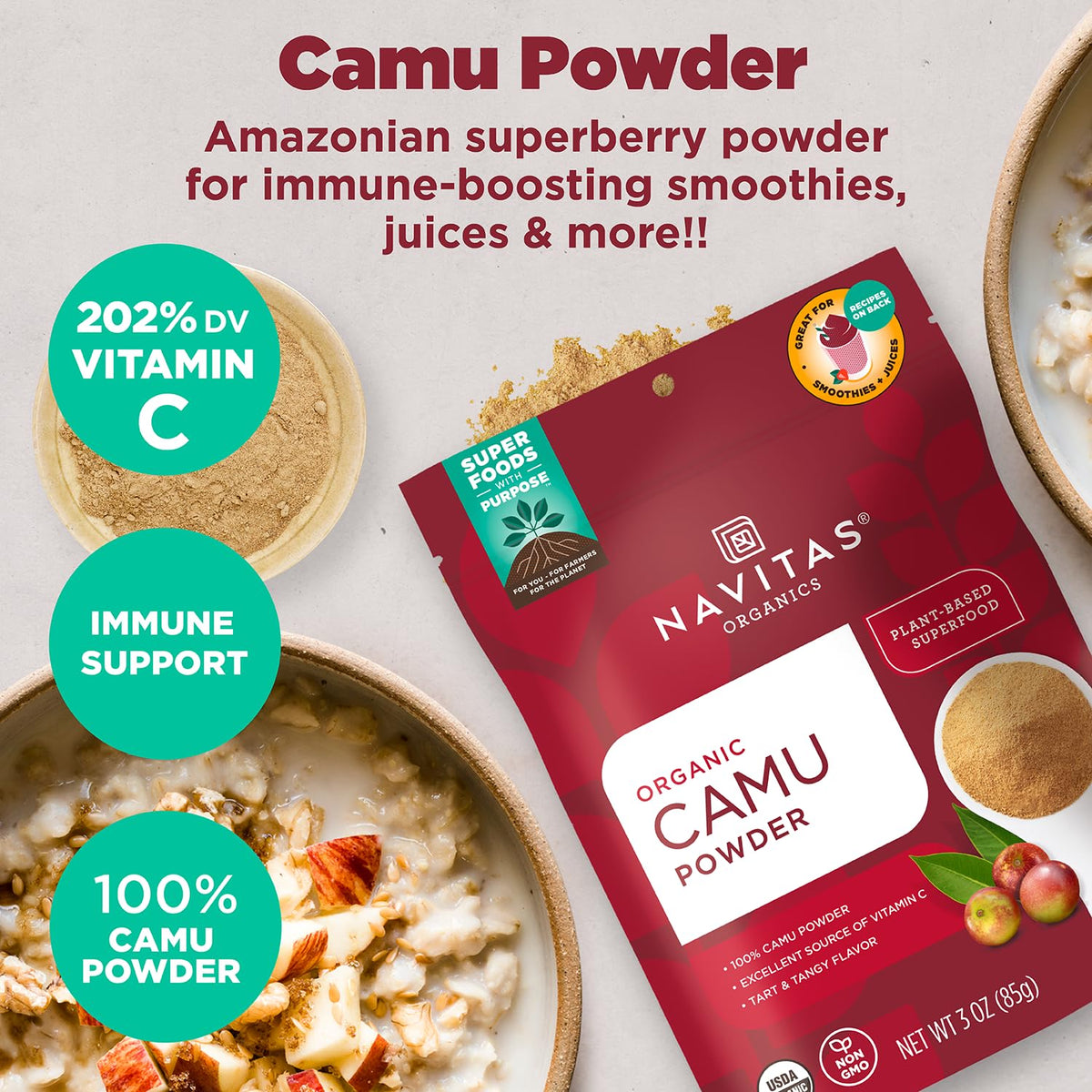 Navitas Camu Powder packaging on kitchen counter, easy for daily wellness.