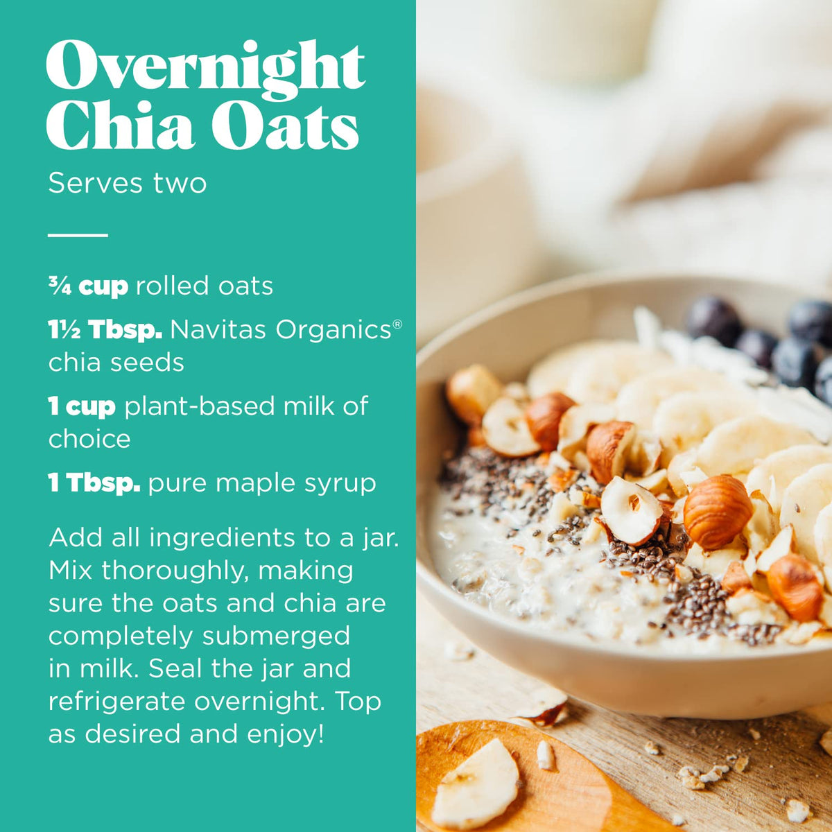 Navitas Organics chia seeds in oatmeal bowl for fiber boost.