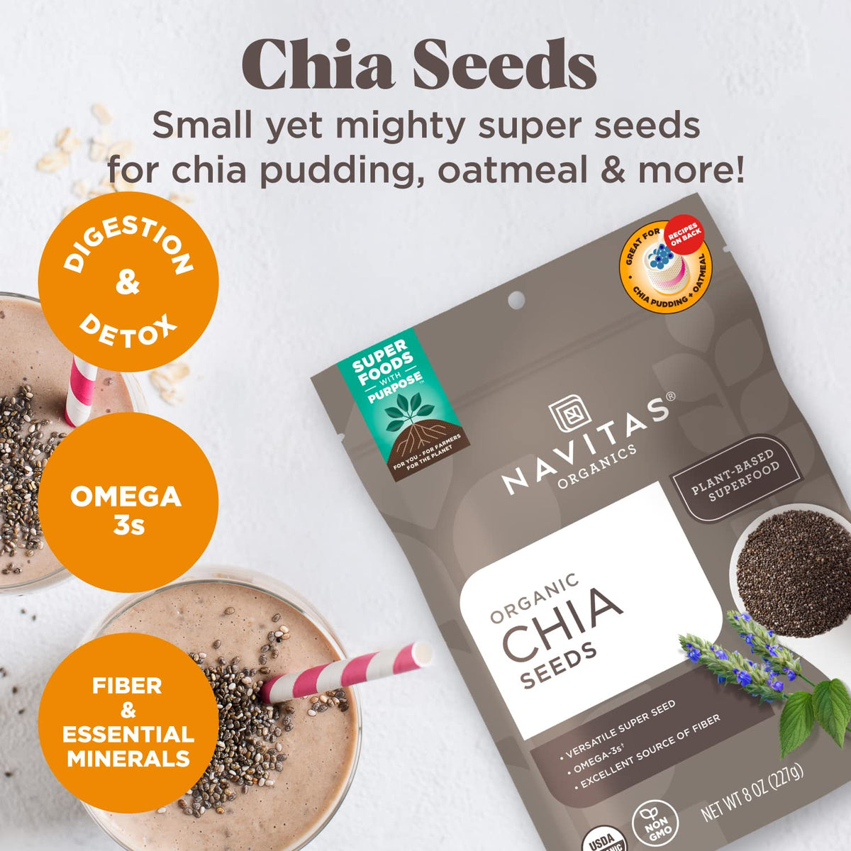 Navitas Organics chia seeds pouring from spoon for blends.