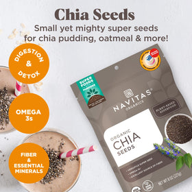 Navitas Organics chia seeds pouring from spoon for blends.