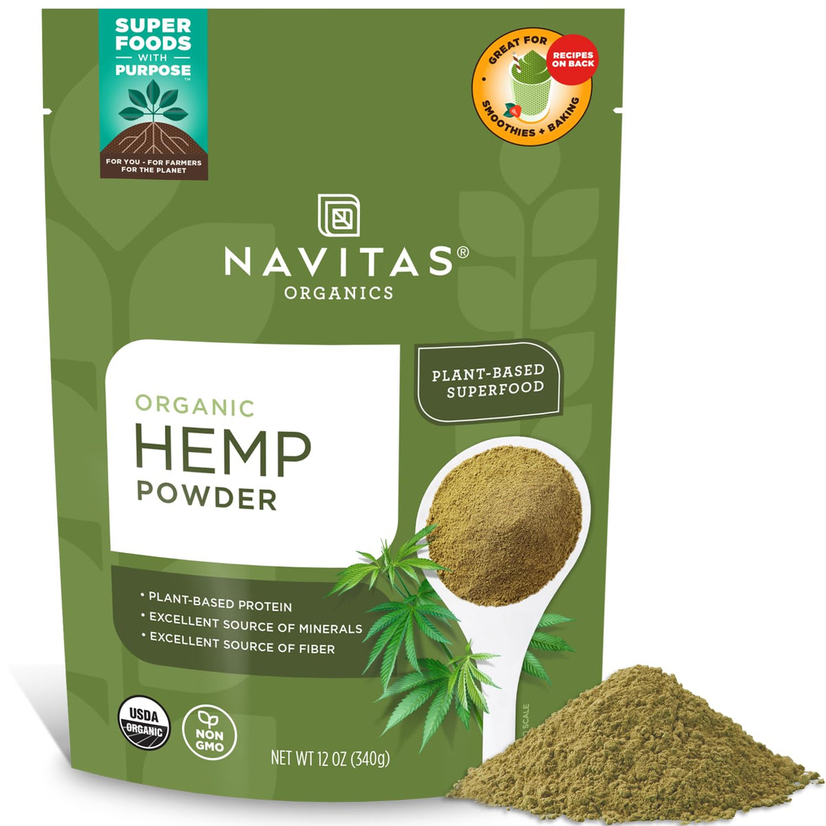 Navitas Organics hemp powder bag front showing versatile vegan protein option.