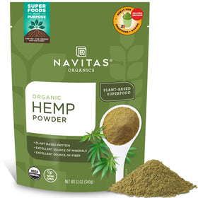 Navitas Organics hemp powder bag front showing versatile vegan protein option.