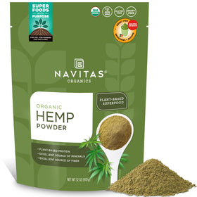 Navitas Organics Hemp Powder bag front shows a versatile vegan protein source for smoothies and baking.