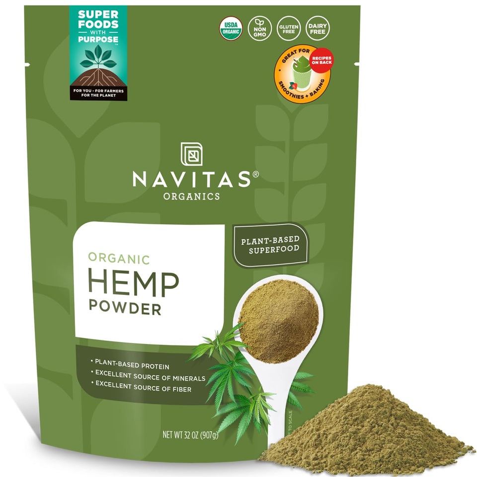 Navitas Organics Hemp Powder bag front shows a versatile vegan protein source for smoothies and baking.